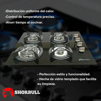 Parrilla 4 quemadores, Panel De Vidrio, 110V, Shorbull